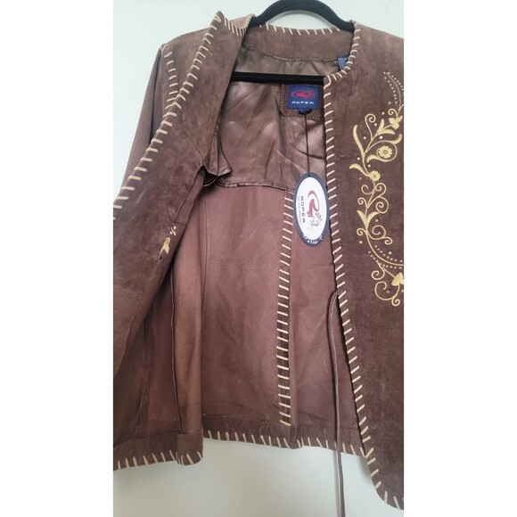 Roper NWT Leather Brown Jacket Embroidered Embellished Coats Open Size L - Picture 3 of 8